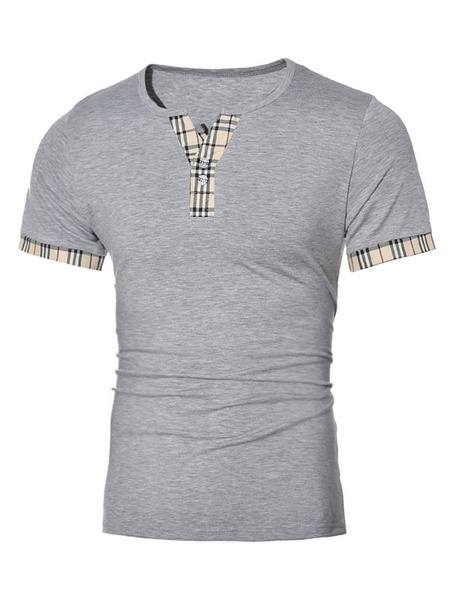 Image of Men Casual T Shirt Plaid Print V Neck Button Short Sleeve T Shirt
