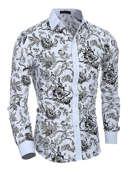 Image of Men Floral Shirt Print Cotton Shirt Long Sleeve Shirt Casual