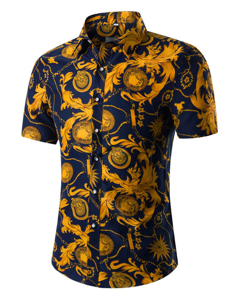 Image of Floral Print Shirt Plus Size Multicolor Short Sleeves Cotton Shirt for Men
