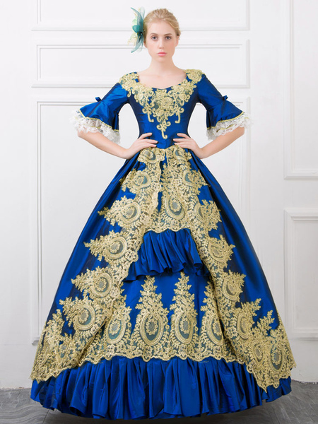 Milanoo Victorian Dress Costume Women's Blue Rococo Satin Bell Half Sleeves Princess Ball Gown Retro