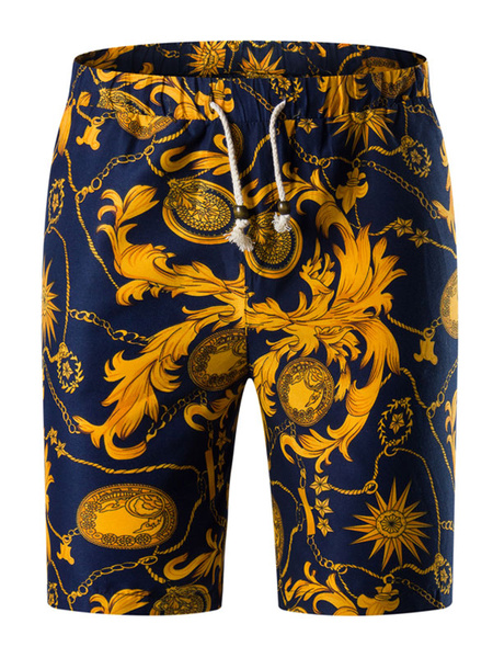 Image of Men Beach Shorts Floral Print Capri Shorts Drawstring Shorts Cotton