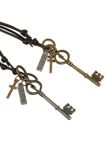

Multicolor Key Cross Necklace Metal Faux Leather Necklace for Men