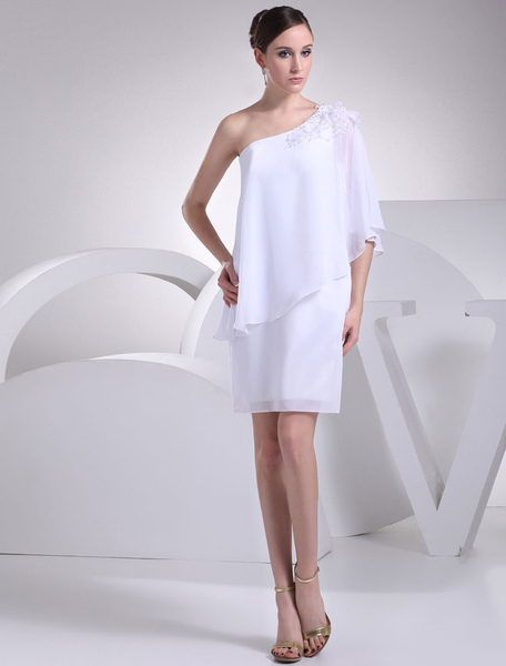 Milanoo White Bridesmaid Dress One-Shoulder Applique Beading Flower Sheath Knee-Length Wedding Party