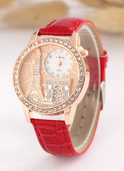 Image of Leather Strap Watch Rhinestone Dial Plate Watch for Women