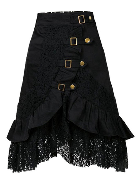 Image of Black Woven Lace Skirt With Metal Details