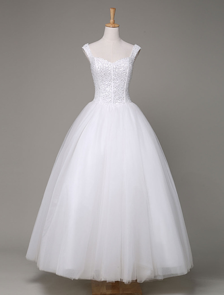 Milanoo Tulle Wedding Dress Sweatheart Beading Ball Gown Floor Length Bridal Dress