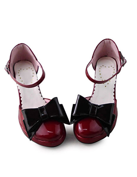 Image of Lolita rosso scuro tacchi scarpe con fiocco nero