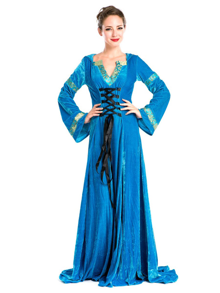 Milanoo Halloween Renaissance Dress Polyester Medival Blue front Lace Up Costume Cosplay