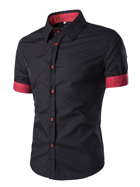 Image of Short Sleeve Shirt Plaid Pattern Color Block Men Casual Shirt