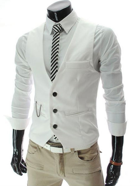 Image of Black Men Waistcoat 2020 V Neck Slim Fit Front Button Suit Gilet
