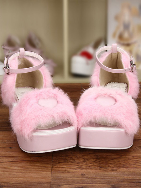 Milanoo Sweet Pink Lolita Sandals Platform Fluffy Heart Shape Ankle Strap