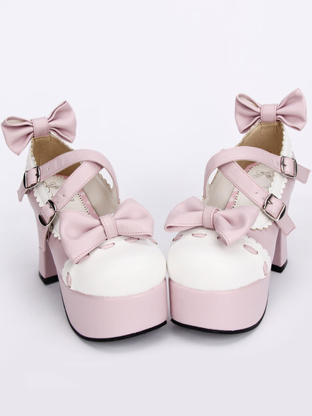 Milanoo Pink Lolita Pony Heels Shoes Platform White Trim Bows Straps Buckles