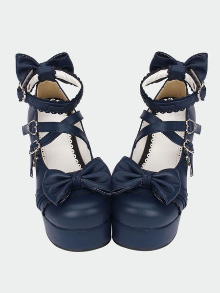 Milanoo Navy Blue Lolita Chunky Pony Heels Shoes Platform Ankle Straps Bows Heart Shape Buckles