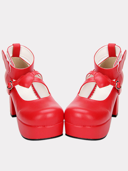 Milanoo Red Lolita Chunky Pony Heels Shoes Platform Ankle Strap Heart Shape Decor Buckle Round Toe