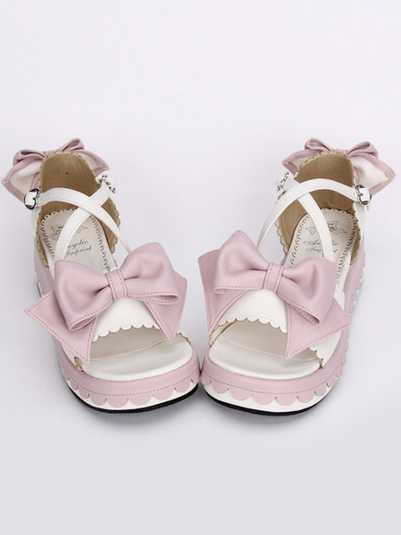 Milanoo Sweet White Lolita Sandals Platform Pink Bows Ankle Straps Bows