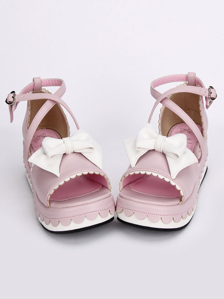 Image of Lolita rosa piattaforma sandali bianco si inchina alla caviglia cinghie cuore forma fibbia