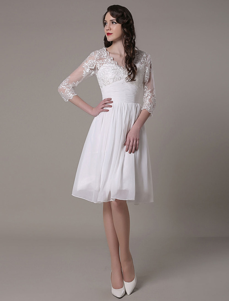 Milanoo Simple Wedding Dressses Chiffon V Neck Lace A LinePleated Bridal Dress
