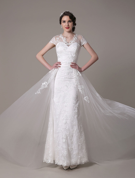 Milanoo Mantel-Kleid mit V-Ausschnitt Spitze Dekor Zug abnehmbare Kapelle Zug Brautkleid Hochzeit