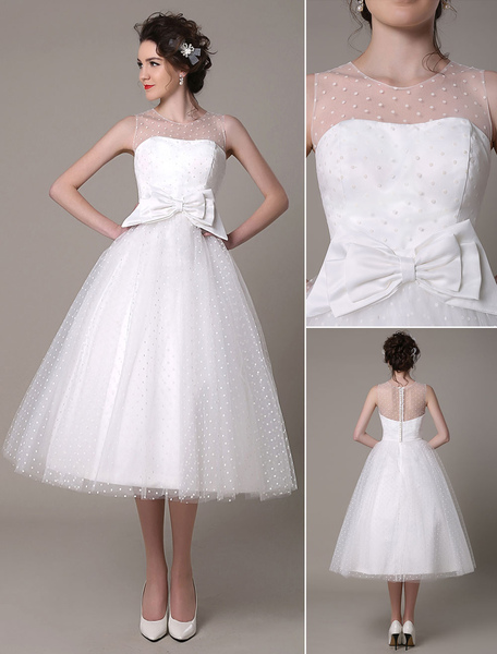 Milanoo Tüll Hochzeitskleid a-Linie trägerlosen Tee Länge Günstiges Brautkleid mit Schleife