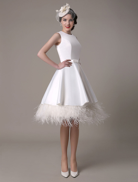 Milanoo A-Line Wedding Dress Knee-Length Feather Tiered Satin Bow Bridal Dress
