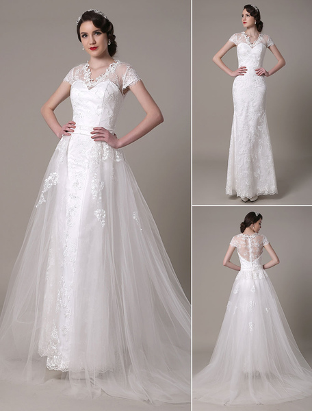 Milanoo Mantel-Kleid mit V-Ausschnitt Spitze Dekor Zug abnehmbare Kapelle Zug Brautkleid Hochzeit