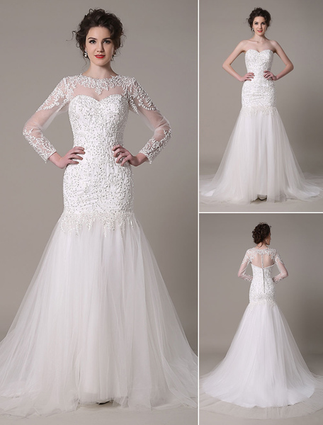 Milanoo Sequined Wedding Dress Detachable Neckline Lace Applique Mermaid Court Train Bridal Dress