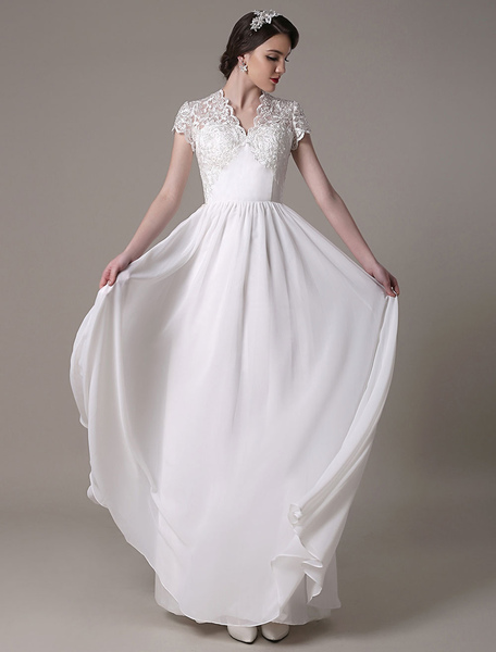 Milanoo Sheath Wedding Dress V-Neck Lace Chiffon Pleated Floor Length Bridal Dress