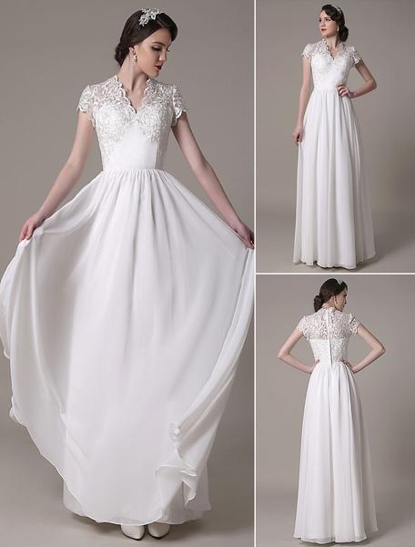 Milanoo Sheath Wedding Dress V-Neck Lace Chiffon Pleated Floor Length Bridal Dress