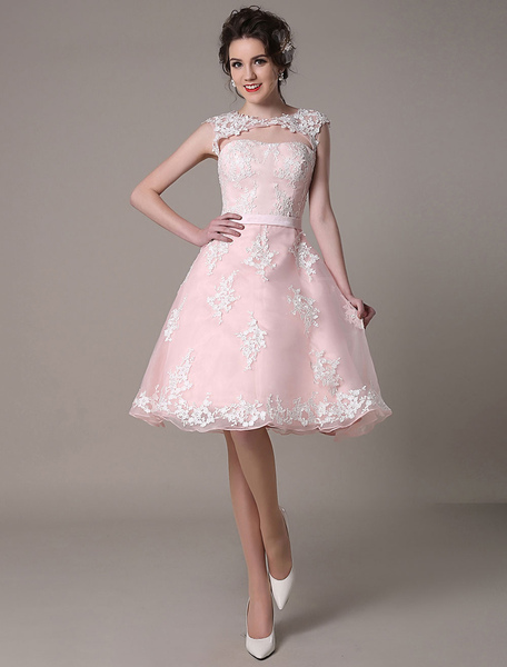 Milanoo Robe de mariée courte en dentelle rose clair longueur au genou robe de mariage