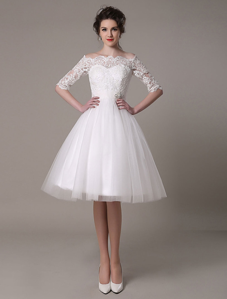 Milanoo Lace Wedding Dresses 2021 Short Off The Shoulder A Line Knee Length Waist Rhinestone Bridal