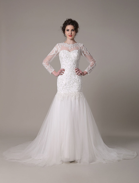 Milanoo Sequined Wedding Dress Detachable Neckline Lace Applique Mermaid Court Train Bridal Dress