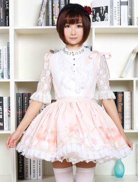 Milanoo Cute Lolita Dress Sweet Pink Flower Printed  Qi Lolita Lace Trim Skirt With Suspender