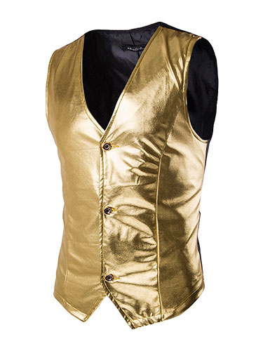 Image of Men Gold Waistcoat Metallic Slim Fit Sleeveless Blazer Gilet