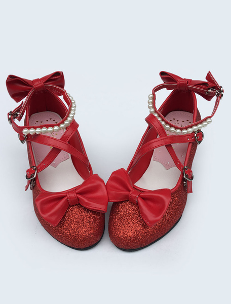 Image of Scarpe Sweet Lolita Pearlized pelle Lolita tacco scarpa con catenella e archi