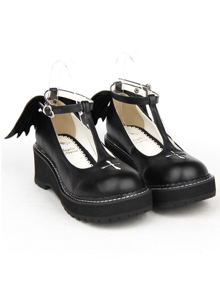 Image of Gothic Lolita scarpe Cross piattaforma cuneo T-strap scarpe Lolita con ala male