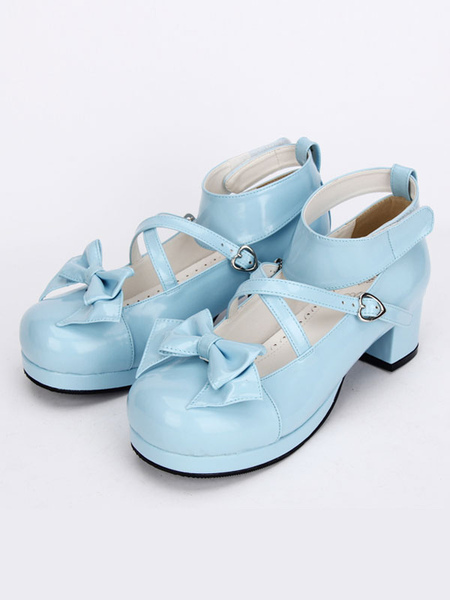 Image of Dolce Lolita scarpe luce arco trasversale blu carino Lolita scarpe caviglia cinturino tacco basso Lolita pompe con fiocco staccabile