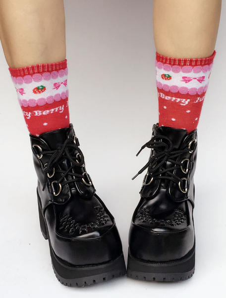 Milanoo Black Lolita Boots Platform Chunky Heel Diamond Point Toe Lace Up Lolita Short Boots