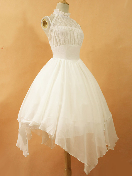 Gothic Lolita Dress JSK The Dawn White Chiffon Lace Bow Haltered Lace Up Irregular Lolita Jumper Skirt Original Design