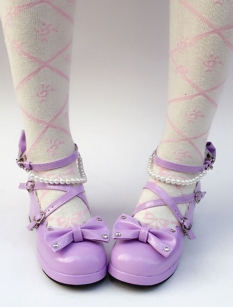 Milanoo Purple Lolita Shoes Sweet Chunky Heel Pearl Round Toe Bow Cross Front Ankle Strap Lolita Pum