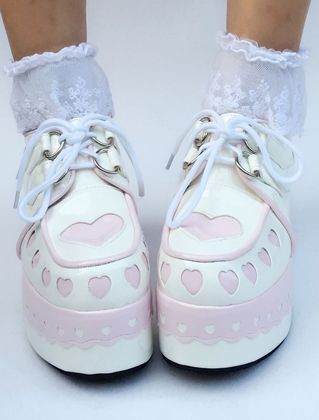 Image of Scarpe da Lolita bianche con punta rotonda zeppa cinturini cuore 7cm