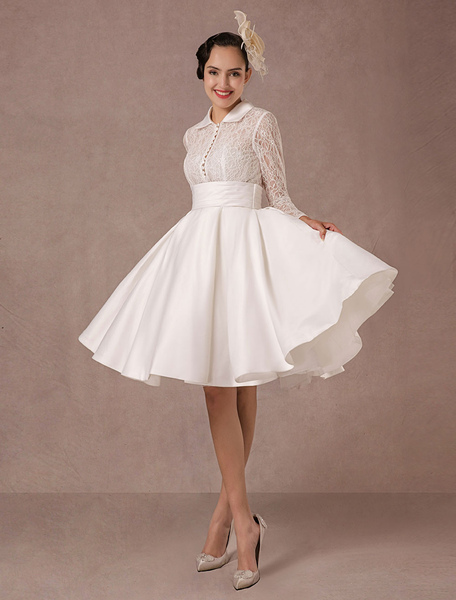 milanoo.com Vintage Wedding Dress Long Lace Sleeves Satin Bridal Gown Short Knee Length Summer Wedding Dresses 2022 Milanoo