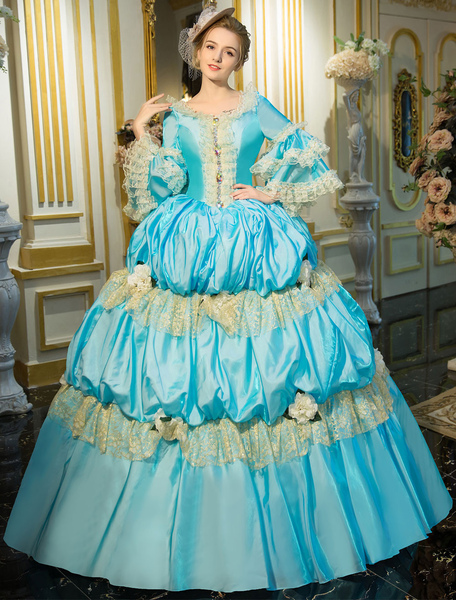 Image of Carnevale Blu Costume retrò Rococo Bell Sleeve principessa abito a balze Halloween