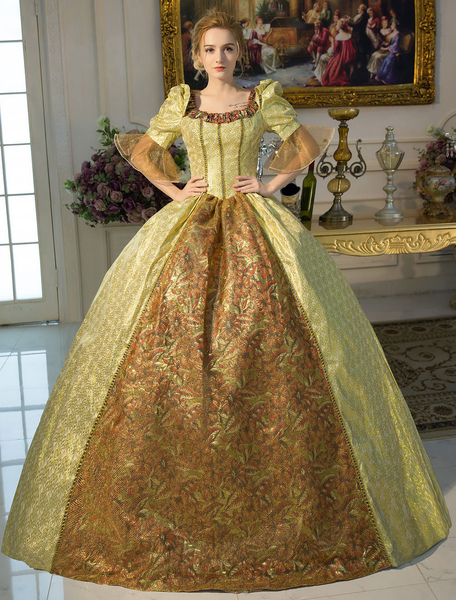 Milanoo Victorian Dress Costume Women's Gold Retro Costume Baroque Squared Neckline Tunic Ball Gown