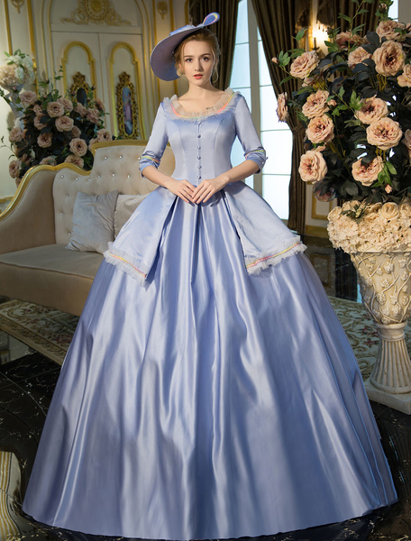 Milanoo Victorian Dress Costume Blue Half Sleeves Squared Neckline Tunic Pleated Ball Gown Victorian