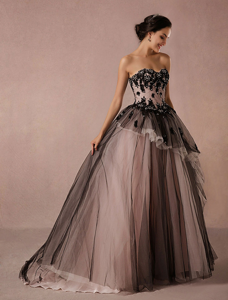 Milanoo Black Wedding Dress Lace Tulle Chapel Train Bridal Gown Strapless Sweetheart A-Line Luxury P