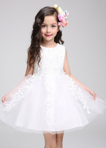 Milanoo Princess Flower Girl Dress Lace Tulle Knee Length Beading Toddler's Pageant Dress