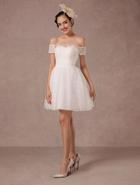Milanoo Kurze Hochzeitskleid Spitze aus der Schulter Mini Vintage Braut Kleid