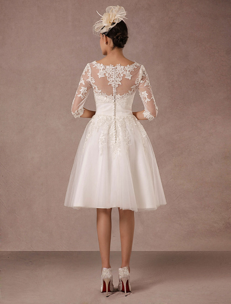 Milanoo Short Wedding Dress Vintage Lace Applique Long Sleeves Tea Length A Line Tulle Bridal Gown W