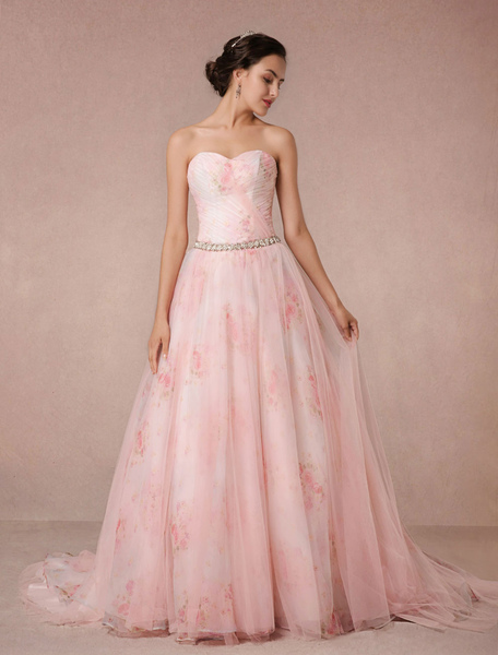Milanoo Imprime de rose fleurs robe de mariée Tulle robe de mariée sans bretelles Sweetheart robe de
