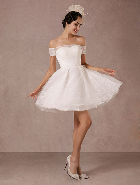 Milanoo Kurze Hochzeitskleid Spitze aus der Schulter Mini Vintage Braut Kleid
